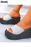 Wedge High Heeled Women Sandals New Arrived 2023 Bling Sequin Lady Slipper Peep Toe Comfort Walk Causal Sandals Plus