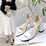 Big Plus Women PU Leather Sandals Black White Beige Pink Block High Heels Ankle Strap Buckle Sandal Elegant Ladies