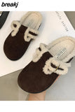 New Women Artificial Fur Closed Toe Slipper Autumn Winter Casual Warm Outside Vintage Soft Plush Slides