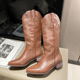 Retro Rivets Western Boots for Women 2023 Brwon Middle Heel Knee High Boots Woman Sexy Pointed Toe Cowgirl Long
