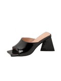 New Summer Women's High-heeled Patent Leather Slippers, Square Toe, Thick-heeled Net Red Sandals for