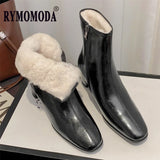 Women Snow Boots with Fur Split Cowhide Block Heel ZIP Genuine Leather Fall Winter Short Ankle Boot Black Booties Shoe Size
