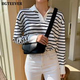Casual Turn-down Collar Striped Women Sweaters 2021 Autumn Sweater Long Sleeve Loose Female Knitted Pullovers