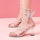 Breakj Shape Winding Water Diamond Sandal Female 2023 New One Word With Fine Heel Roman Sandals Fashion Net Red Fairy Wind