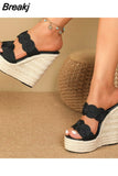 Club Queen Lady Sandals Plus Size 2023 Summer Wedge High Heeled Slipper Straw Bottom Simply Causal Platform Sandals