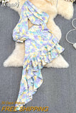 Women Floral Print Irregular Dress Spring Summer Sexy One Shoulder Long Sleeve Hollow Out Ruffles Beach Long