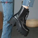 Goth Ankle Boots Women Black Chunky Wedge Platform Shoes Woman Lace Autumn Patent Leather Footwear Lady Botas