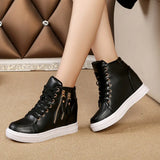 Women Wedge Sneakers Side Zipper PU Leather Casual Shoes Sequins Thick Bottom White Shoe Women's Internal Heighten Flat