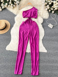 Women Sexy One Shoulder Jumpsuits Summer New Sleeveless Hollow Out Waist Slim Stretch Full Length Pencil Pants