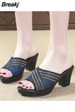 Fashion High Square Heels Slides Women Shining Crystal Platform Sandals Woman Slip on Rhinestone Slippers