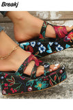 High Heeled Women's Slippers 2023 European Style Flower Pattern Comfy Walking Shoes Plus Size Summer Outside Lady