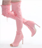 Ripped Jeans Thigh High Boots Peep Toe Zipper Stretch Denim Over The Knee Boots Thin Heels Women Gladiator Party