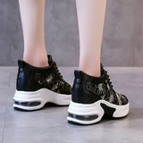 Flower Embroidered Mesh Breathable Ladies Wedge Platform Sneakers High Heels Lace-Up Shoes Comfortable Height