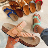 Breakj Cork Bottom Cool Slippers 2025 Summer Solid Woven Slippers Thick Bottom Clip Beach