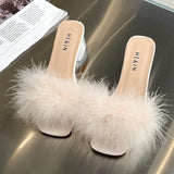 Sandal Women Summer Outdoor Fashion Slippers Square Toe High Heels Office Ladies Feather Slides Chic Classics Furry