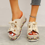 Breakj Summer New Slope Hedley Woven Slippers Women's Large-Size Grass Tie With High-Heeled