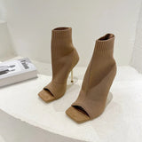 Spring Square Peep Toe Stretch Fabric Knitting Ankle Sock Boots Women Fashion Thin High Heels Dance Shoes Botas Beige