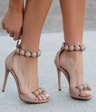 Sandals Women Button Studded Sandals Pyramid Studs Embellished High Heels Pom Pom Stiletto Heels Pumps Summer Dress
