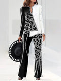 Spring Women Fashion Splicing Two Piece Sets Elegant Pullover Tops + Wide Leg Trousers Suits Popular Leopard Print Lady