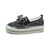 Women Flats Leather Loafers Spring Shoes Woman Crystal Sequins Bow-knot Platform Mesh Slides Moccasins Women size