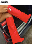 Women's Knee High Boots Lock Buckle Strap Slip-on Black Boots Thick Bottom Designer Shoes Luxury Brand Leather Boots For