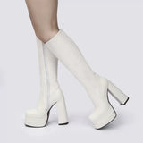 Sexy Chunky High Heels Ankle Shoes For Women Punk Style Zipper Thick Platform Elasticity Microfiber Boots Sapatos