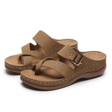 Summer Women Wedges Slippers Med Heel Platform Shoe with Metal Buckle Casual Lady Sandal