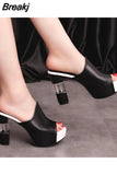 Ladies Leather Sole Slippers Women Sexy High Heel Mules Black Peep Toe Platform Mules Sandals