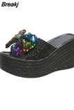 Plus Size 35-43 Slippers Women's Fashion Sequin Bow High Heel Sandals Sexy Platform Shoes Slippers