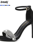 Women Cool Black High Quality Summer Open Toe Stiletto Heel Sandal Shoes Lady Summer Rhinestones Shoes Buckle Strap Heel