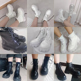 Chunky Platform Ankle Boots Women Pu Leather Square Heels Combat Boots Woman Lace Up White Black Short Booties