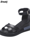 2023 Women Wedges Pu Leather Sandals Buckle Strap Korean Style Solid Platform Side Open Casual Ladies Slingbacks