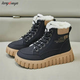 Women Snow Boots Winter Spring Warm Thick Soled Ankle Boots Solid Color lace-up Shoes for Women Height Increasing Plush
