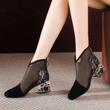 Mesh Sandals Boots Women Mesh Ankle Boot For Summer Mid Heel Rhinestone Ponited Toe Shoes Hollow Out Back Zip