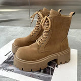 Boots Rock Shoes Woman Round Toe Lace Up Plush Winter Footwear Boots-Women Med Lolita Fur 2023 Autumn Ankle Solid Rome