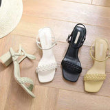 Women Sandals Female Square High Heels Pu Open Toe Lady New Summer Shoes Solid Soft Comfort Buckle