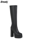 Women's Knee High Boots Crocodile Print Thick Bottom Demonia Boots Sexy Chunky Heels Female Shoe Punk Style Black Platform