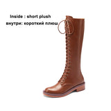 Women Genuine Leather Knee High Boots Round Toe Flat Platform Zipper Lace-up Boot Ladies Shoes Autumn Winter Black