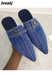 New Womens Slippers Pointed Toe Denim Jeans Flat Slipper Slingbacks Womens Shoes Fashion Sandals Ladies Casual