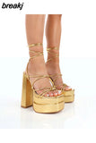 New Sexy Strappy Heels Sandals Women Summer Heels Sandals Thick Sole Cross Lacing High Heels Party Sandals Large Size