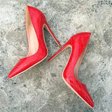 Red Crocodile-Effect Embossed Pattern Women Sexy Stiletto High Heels Shallow Cut Pointed Toe Slip On Pumps Party