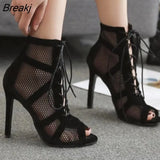 Black Summer Sandals Lace Up Cross-tied Peep Toe High Heel Ankle Strap Net Surface Hollow Out Sandals