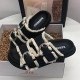 Summer Fringe Women Thick Heel Platform Slipper Casual Double Buckle Non-slip Outside Slip on Slides