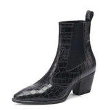 Ankle Boots for Women Luxury Cow Split Genuine Leather Block High Heel Elastic Band Short Booties Goth Brown Black