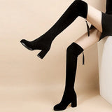 Suede Female Heels Autumn Zipper Elastic Knee-high Boots for Women Tube Lace-up Thigh Gigh Boots Black Botas Mujer