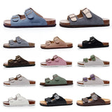 New Summer Men Beach Suede Cork Slipper Couple Shoe Casual Nubuck Leather Women Outdoor Double Buckle Slide