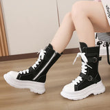 Green Chunky Mid Calf Canvas Boots Women Autumn Side Zipper Thick Bottom Motorcycle Boots Woman Lace Up Platform