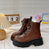 Boots Rock Shoes Woman Boots-Women Flat Heel Luxury Designer Round Toe Lace Up Winter Footwear 2023 Ankle Med Lolita