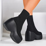 Women's Knitting Chunky Platform Ankle Boots Black Wedges High Heels Sock Boots for Women Plus Size Thick Bottom Gothic