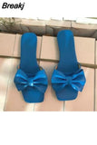 Summer Plus Size One-line Solid Color Bow Flat Sandals Outdoor Beach Slippers Elegant Women Shoes